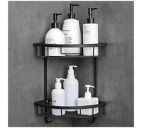 GRICOL Shower Caddy No Drilling Shower Corner Shelf with Stickers Shower Organiser Adhesive Shower Basket Metal Rustproof Bathroom Shelves with 2 Hooks 2 Tiers Black