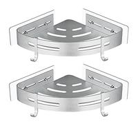 GRICOL Shower Corner Shelf No Drilling Shower Caddy with Stickers Shower Organiser Adhesive Shower Basket Metal Rustproof Bathroom Shelves with 4 Hooks 2 Tiers Silver