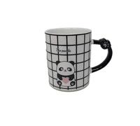 Grid Design Kawaii Ceramic Panda Mug with Lid and Spoon, 12oz, Adorable Design, Perfect for Tea, Coffee, Hot Chocolate