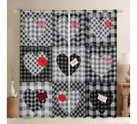 Grid Hearts Window Curtains 2 Panels 46Wx54L Vintage Gray Patchwork Plaid Window Drapes for Kids Teens Adults Romantic Style Heart Pattern Decor Curtains for Living Room