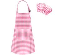 Grid Kids Apron and Chef Hat Set, Adjustable Check Child Chef Aprons with 2 Pockets, Lattice Print Children's Apron for Kids Toddler Painting Baking Cooking Artist (Grid Rose Pink, M（3-6Years）)