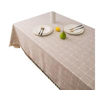 Grid Print Tablecloth with Tassel Edge - Waterproof & Oil Resistant Linen Blend Rectangle Table Cover for Dining Kitchen Decor(Brown)