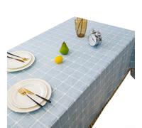 Grid Print Tablecloth with Tassel Edge - Waterproof & Oil Resistant Linen Blend Rectangle Table Cover for Dining Kitchen Decor(Blue)