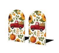 Grid Pumpkin Flower Book Ends 1 Pair Fall Fall Maple leaves Wooden Bookends for Shelves Heavy Duty Bookshelf Holder with Anti Slip Base, Book Stopper for Home Office Library