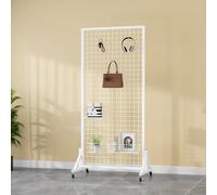 Gridwall Panel Display Stand, Metal Mesh Mobile Storage Rack, Freestanding Display Rack with 4 Wheels and 20 Hooks for Retail Trade Show Art Exhibition