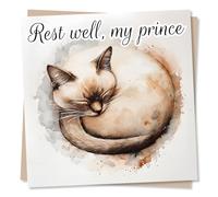 Grief or Sympathy Card For Loss of Pet Cat - Sleeping, Curled Up, Siamese - Rest Well My Prince - For Loved One, Friend, Colleague