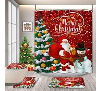 GRIEKOWE 4PC Red Christmas Shower Curtains Sets with Non-Slip Rugs for Bathroom, Christmas Holiday Shower Curtain Cute Winter Xmas Santa Tree Print, Christmas Bathroom Decor Set with Hooks72*72in