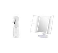 GRIFEMA Beauty Set: 32 LED Lighted Makeup Mirror with 1X/2X/3X Magnification & 200ml Ultra-Fine Mist Spray Bottle - 180° Rotating Trifold Vanity Mirror & Refillable Water Sprayer for Hair & Skincare