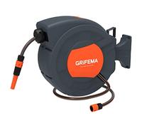 GRIFEMA G301-25 Retractable Garden Hose Reel Wall Mounted, 25M+2M Hose Pipe Reel, 180° Rotate, Automatic Rewind with Adjustable Nozzle, Grey
