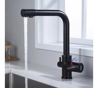 GRIFEMA G4003 3 Way Water Filter Tap, Kitchen Drinking Taps Sink Mixer Brass Swivel Spout with 2 Handles, Hot, Cold and Filter Tap for Kitchen, G3/8" Hose, 360° Swivel, Chrome, Black