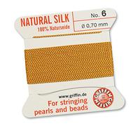 GRIFFIN 100% Natural Silk Beading Cord String Thread - Amber - 2 metres with one needle - Size 0.70mm
