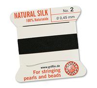 Griffin 100% Natural Silk Beading Cord String Thread - Black - 2 metres with one Needle - Size 0.45mm