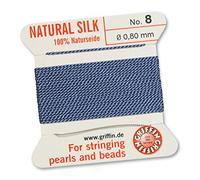 GRIFFIN 100% Natural Silk Beading Cord String Thread - Blue - 2 metres with one needle - Size 0.80mm