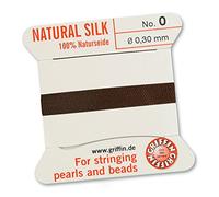 GRIFFIN 100% Natural Silk Beading Cord String Thread - Brown - 2 metres with one needle - Size 0.3mm
