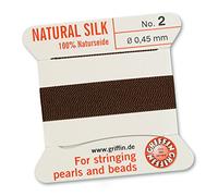 GRIFFIN 100% Natural Silk Beading Cord String Thread - Brown - 2 metres with one needle - Size 0.45mm