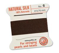 GRIFFIN 100% Natural Silk Beading Cord String Thread - Brown - 2 metres with one needle - Size 0.70mm