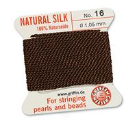 GRIFFIN 100% Natural Silk Beading Cord String Thread - Brown - 2 metres with one needle - Size 1.05mm