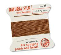 GRIFFIN 100% Natural Silk Beading Cord String Thread - Carnelian Orange Brown - 2 metres with one needle - Size 0.70mm