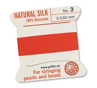 GRIFFIN 100% Natural Silk Beading Cord String Thread - Coral - 2 metres with one needle - Size 0.50mm