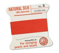 GRIFFIN 100% Natural Silk Beading Cord String Thread - Coral - 2 metres with one needle - Size 0.65mm