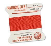 GRIFFIN 100% Natural Silk Beading Cord String Thread - Coral - 2 metres with one needle - Size 0.75mm