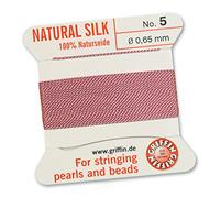 GRIFFIN 100% Natural Silk Beading Cord String Thread - Dark Pink - 2 metres with one needle - Size 0.65mm
