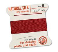 GRIFFIN 100% Natural Silk Beading Cord String Thread - Garnet Red - 2 metres with one needle - Size 0.65mm