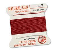 GRIFFIN 100% Natural Silk Beading Cord String Thread - Garnet Red - 2 metres with one needle - Size 0.75mm