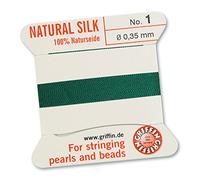 GRIFFIN 100% Natural Silk Beading Cord String Thread - Green - 2 metres with one needle - Size 0.35mm