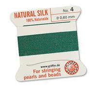 GRIFFIN 100% Natural Silk Beading Cord String Thread - Green - 2 metres with one needle - Size 0.60mm