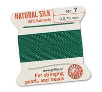 GRIFFIN 100% Natural Silk Beading Cord String Thread - Green - 2 metres with one needle - Size 0.75mm