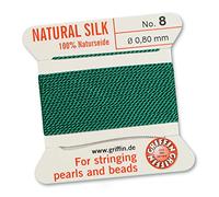 GRIFFIN 100% Natural Silk Beading Cord String Thread - Green - 2 metres with one needle - Size 0.80mm