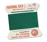 GRIFFIN 100% Natural Silk Beading Cord String Thread - Green - 2 metres with one needle - Size 0.98mm