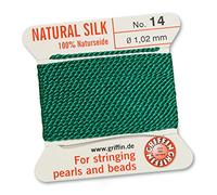 GRIFFIN 100% Natural Silk Beading Cord String Thread - Green - 2 metres with one needle - Size 1.02mm