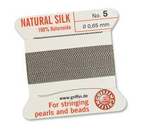 Griffin 100% Natural Silk Beading Cord String Thread - Grey - 2 metres with one Needle - Size 0.65mm