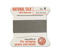 Griffin 100% Natural Silk Beading Cord String Thread - Grey - 2 metres with one Needle - Size 0.70mm
