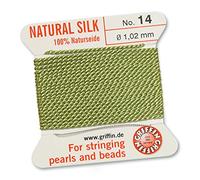 GRIFFIN 100% Natural Silk Beading Cord String Thread - Jade Green - 2 metres with one needle - Size 1.02mm