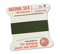 GRIFFIN 100% Natural Silk Beading Cord String Thread - Olive Green - 2 metres with one needle - Size 0.50mm