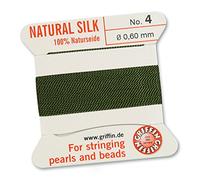 GRIFFIN 100% Natural Silk Beading Cord String Thread - Olive Green - 2 metres with one needle - Size 0.60mm