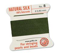 GRIFFIN 100% Natural Silk Beading Cord String Thread - Olive Green - 2 metres with one needle - Size 0.80mm