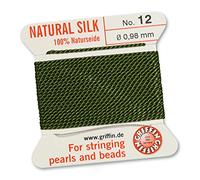 Griffin 100% Natural Silk Beading Cord String Thread - Olive Green - 2 metres with one Needle - Size 0.98mm