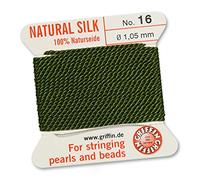 GRIFFIN 100% Natural Silk Beading Cord String Thread - Olive Green - 2 metres with one needle - Size 1.05mm