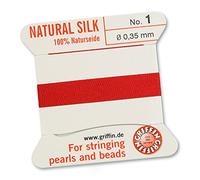 GRIFFIN 100% Natural Silk Beading Cord String Thread - Red - 2 metres with one needle - Size 0.35mm
