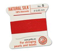 GRIFFIN 100% Natural Silk Beading Cord String Thread - Red - 2 metres with one needle - Size 0.65mm