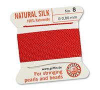 GRIFFIN 100% Natural Silk Beading Cord String Thread - Red - 2 metres with one needle - Size 0.80mm