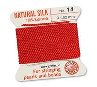 GRIFFIN 100% Natural Silk Beading Cord String Thread - Red - 2 metres with one needle - Size 1.02mm