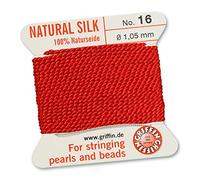 Griffin 100% Natural Silk Beading Thread/String/Thread for Beading - Red - 2 Metres with a Needle - Choose from 13 Sizes, Red, 1.05mm