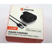 Griffin Single Port 2.4A Mains Charger, UK W/ 1M Lightning Cable - Black, Black
