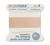 Griffin Nylon Bead Cord Perlseide - Light Pink Color - Size 4 (0.60mm) - 2 Meters per Card - Stainless Steel Needle Attached - for Knotting Pearls, Gemstones, Crystals and Beads