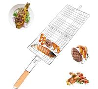 Grill Basket, Fish Grilling Basket, Grill Tool, BBQ Accessories, Grill Rack, Grill Grate, Barbecue Grill Basket, with Wooden Handle, Portable, Foldable, for Grilling Meat, Fish, Vegetables, Steak